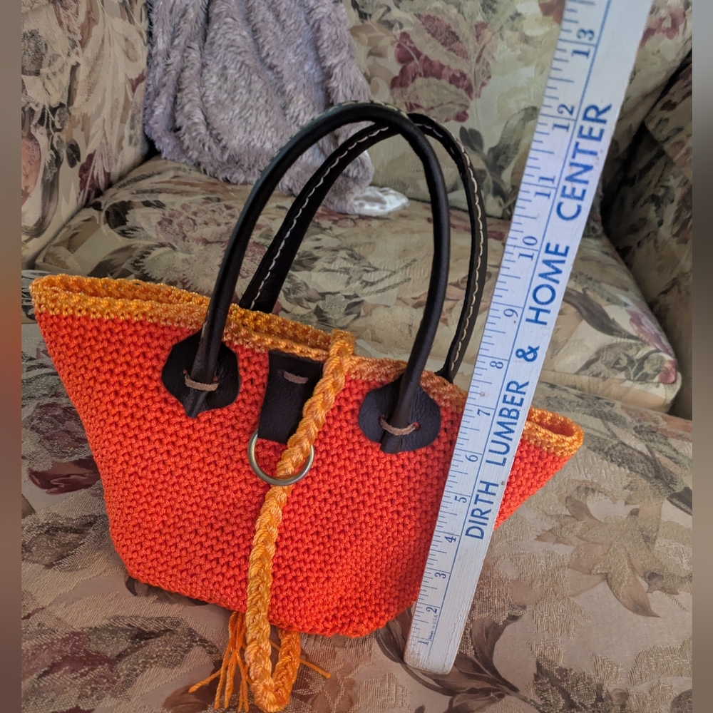 Handmade Crochet Bucket Bag Nylon Mason Line Bright Orange Brown Leather - Picture 13 of 16